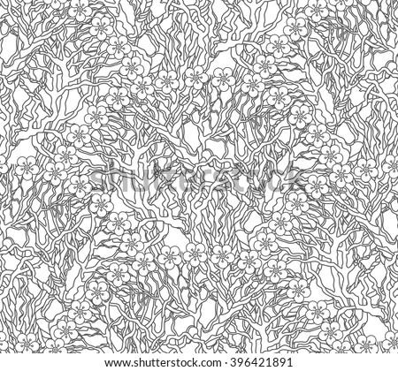 Vector seamless floral pattern from hand drawn fan shaped tree branches and flowers. Black and white. Fish scale order. Spring garden. Coloring book page, wrapping paper, batik painting, wallpaper