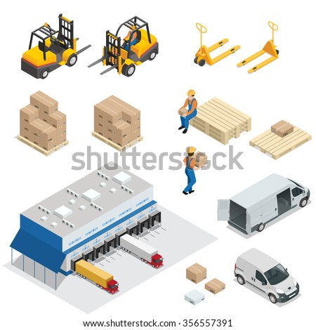 Warehouse building,  exterior. Logistics, Freight, Cargo Transportation. Storage of goods.  Vector 3d isometric illustration