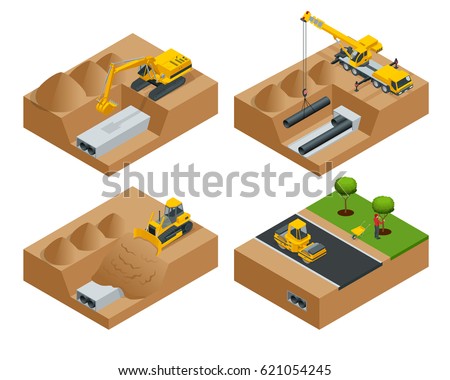 Removing the asphalt road damaged during a water main failure. Laying of new pipes. Road repair concept. Flat 3d isometric illustration