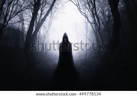 ghostly silhouette in spooky dark forest ghostly silhouette in spooky dark forest