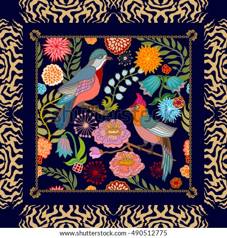 Paradise garden. Silk scarf pattern with flowers, willow leaves and fantasy birds. Chinese, Japanese, Korean motifs. Vintage textile collection. Black.