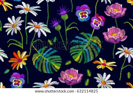 Tropical summer. Seamless vector pattern with chamomiles, peonies, daisies and palm leaves. Vintage motifs.