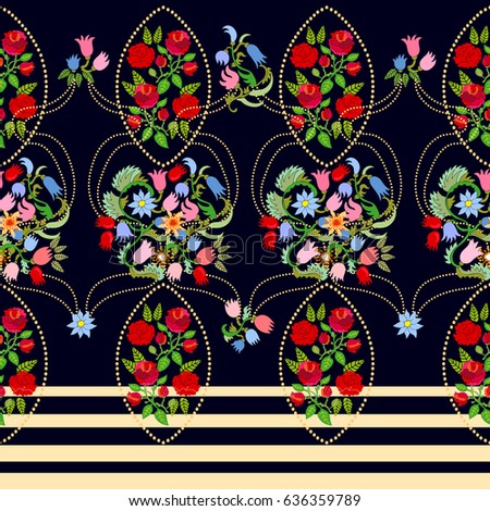 Rich damask pattern. Seamless vector border with roses and tulips on black background.