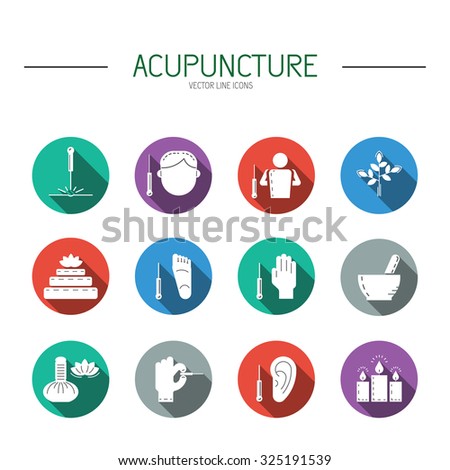 Collection of vector icons dedicated to traditional Chinese medicine, acupuncture. a method of stimulation of certain points on the body with needles. Alternative medicine