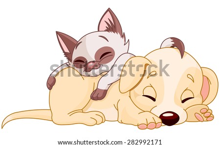 Cute Puppy Adorable Kitten Sleeping Stock Vector 53134165 - Shutterstock