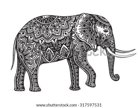 Stylized fantasy patterned elephant. Hand drawn vector illustration with traditional oriental floral elements.
