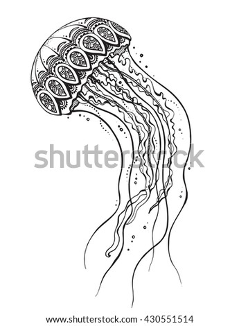 Hand Drawn Jellyfish In Black And White Doodle Style