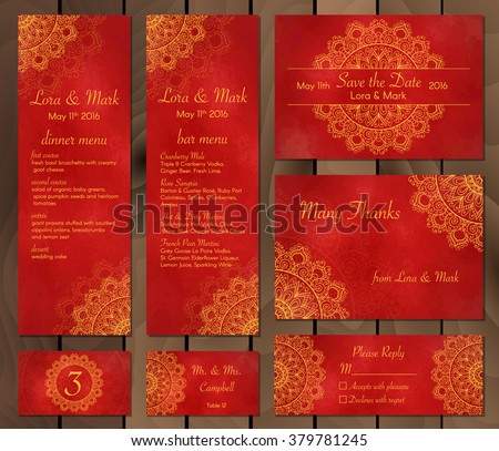 Collection of ethnic cards,menu or wedding invitations with indian ornament. Vintage decorative round elements and lace frame. Hand drawn background. Islam, Arabic, Indian, Pakistan motifs.