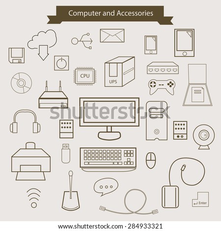 Computer and Accessories. outline icons.