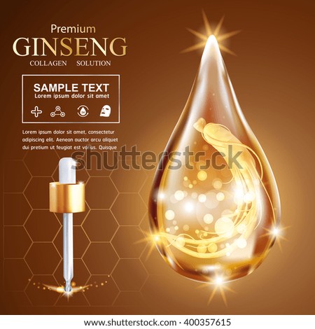 Collagen Serum and Vitamin Background Concept Ginseng Skin Care Cosmetic.