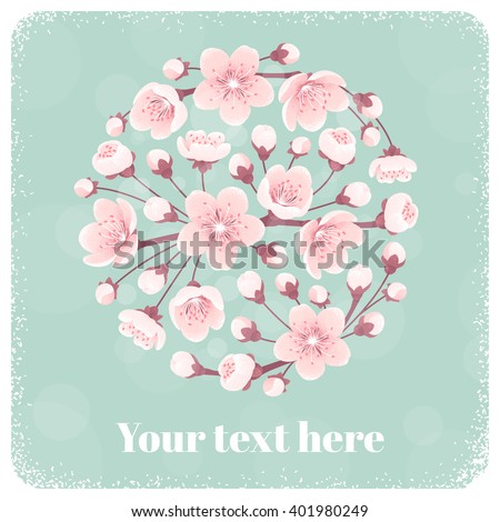Cherry blossom circle, spring flowers. Retro vector illustration. Place for your text. Design for invitation, banner, card, poster, flyer