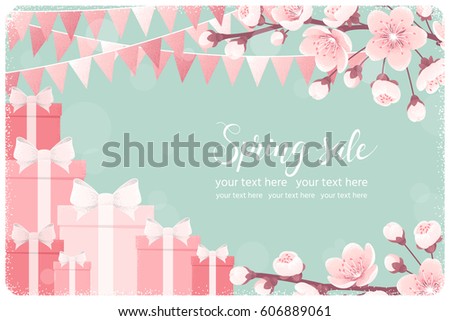 Horizontal template with pink gift boxes, cherry blossom, spring flowers, party flags. Retro vector illustration. Spring sale lettering. Invitation, banner, card, poster, flyer, gift certificate