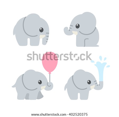 Cute cartoon baby elephant set. Adorable elephant illustrations for greeting cards and baby shower invitation design.