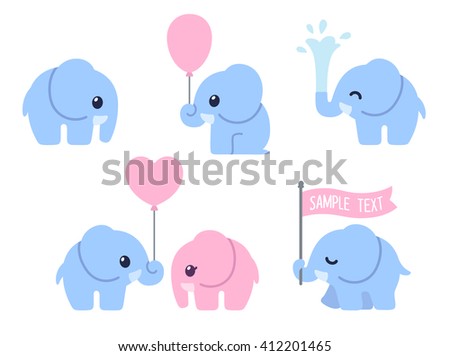 Cute cartoon baby elephant set. Adorable little elephants, greeting cards design elements.