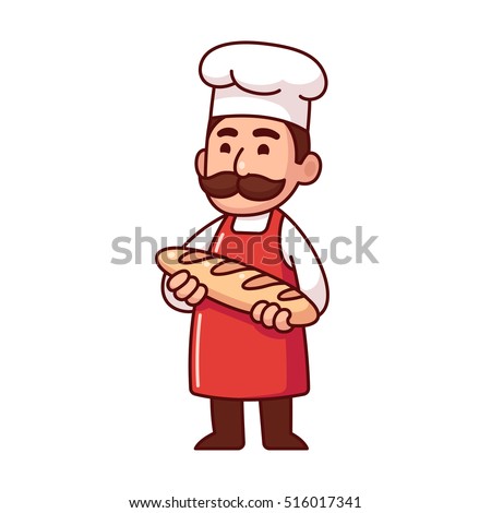 Baker holding loaf of bread, cute character in traditional uniform with mustache. Isolated vector illustration.