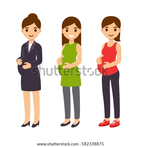 Cute cartoon pregnant woman set. Business suit, casual clothes and fitness gear. Happy expecting mother flat vector illustration.