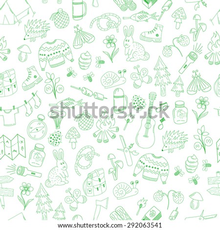 stock vector vector seamless pattern with hand drawn doodle camping elements on white background 292063541
