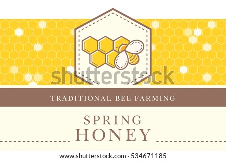 Vector packaging template with seamless patterns. Natural honey collection (sorts of honey - liquid spring honey). Warm color palette of golden tints