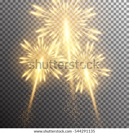 Set of isolated realistic vector fireworks on transparent background