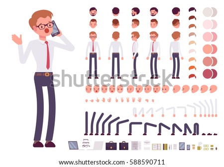 Male clerk character creation set. Full length, different views, emotions, gestures, isolated against white background. Build your own design. Cartoon flat-style infographic illustration