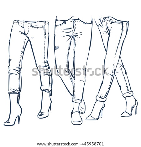 Drawing Womens Fashionable Denim Jeans Outline Stock Vector 445958701