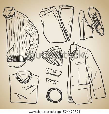 Hand Drawn Vector Clothing And Accessories On Vintage Background Casual Hipster Style Men Fashion Hand Drawn Vector Clothing And Accessories On Vintage Background Casual Hipster Style Men Fashion