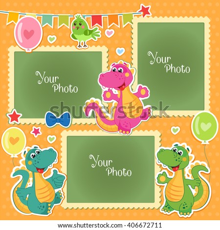 Photo Frames For Kids With Dinosaurs. Decorative Template For Baby, Family Or Memories Scrapbook Vector Illustration. Birthday Children's Photo Framework.
