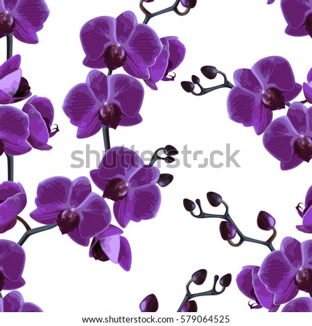 Beautiful tropical bright background. Seamless branches pattern orchids. Vector illustration.