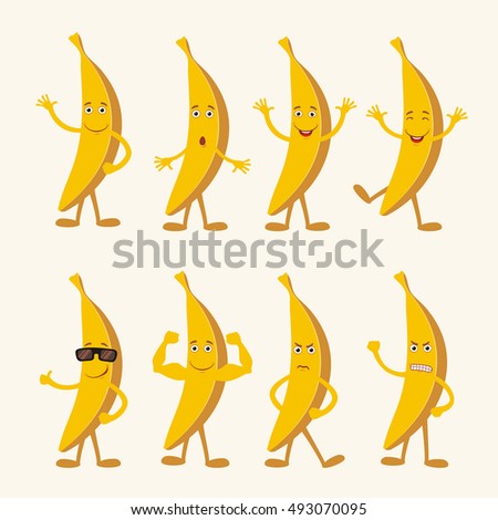 Vector set isolated banana. Collection banana in cartoon style. Funny banana in different pose and emotion.