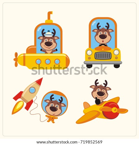 Collection of funny deer in transport in cartoon style. Set of isolated deer in various transport: airplane, submarine, car, space rocket.