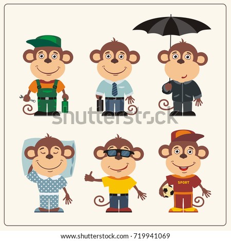 Set funny monkey in different clothing: sportsman, worker, manager, summer, autumn, sleepwear. Collection isolated monkey in clothing in cartoon style.