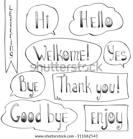 stock vector lettering hello welcome thank you hi bye yes good bye enjoy hand drawn lines and dots in 311062541