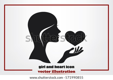 Silhouette of the heart in the girl's hand icons vector. Heart protection sign flat style. Postcard to the day of lovers
