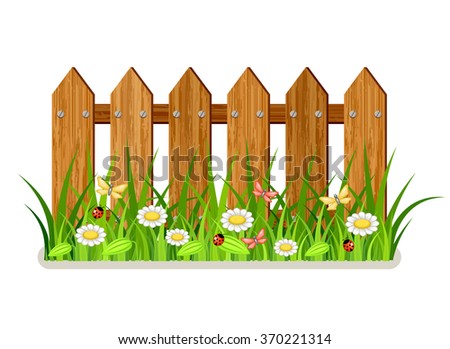 Wooden Fence Grass Flowers Stock Vector Shutterstock