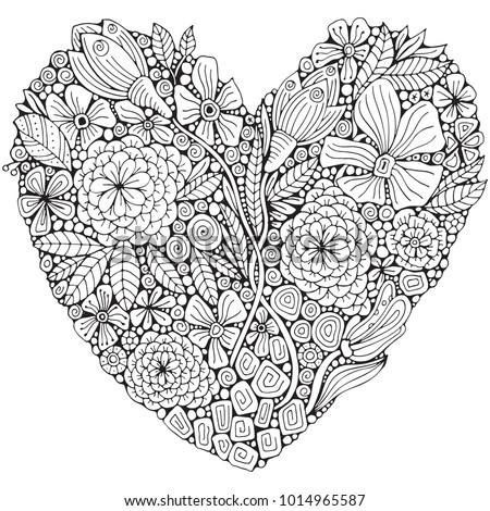 Heart Shaped Pattern For Adult Coloring Book Floral Retro Doodle Vector
