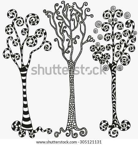 stock vector set of hand drawn artistically trees ink pen floral doodle tribal zentangle patterns made by 305121131