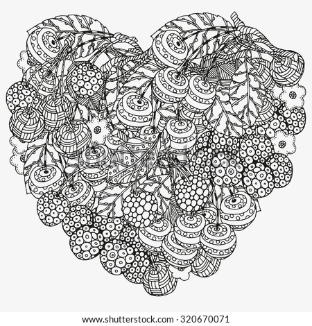 Heart Shaped Pattern For Coloring Book With Cherry Floral Retro Doodle