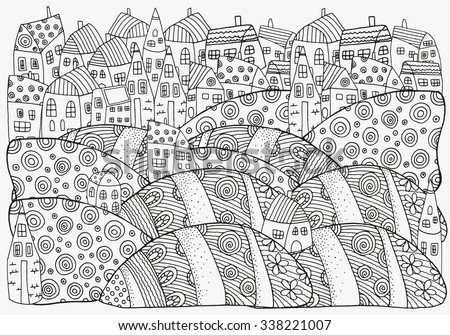 Pattern For Coloring Book With Artistically Houses A4 Size Magic City Fields