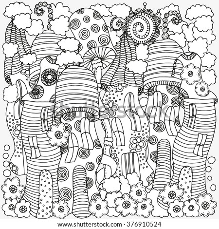 Fantasy Fairy Houses In The Magic Forest Pattern For Coloring Book