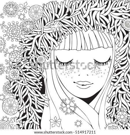 girl in a knitted fluffy hood pattern for coloring book winter snowflakes sketch - Girl Coloring Book girl in a knitted fluffy hood pattern for coloring book winter snowflakes sketch - Girl Coloring Book