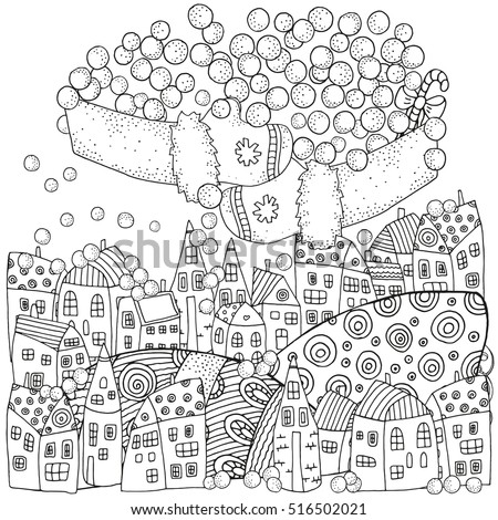 Winter Pattern For Adult Coloring Book Page With Artistically Houses And Snow Magic City
