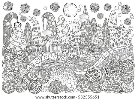 pattern for coloring book with christmas trees balls gifts black and white vector - Coloring Book Trees pattern for coloring book with christmas trees balls gifts black and white vector - Coloring Book Trees