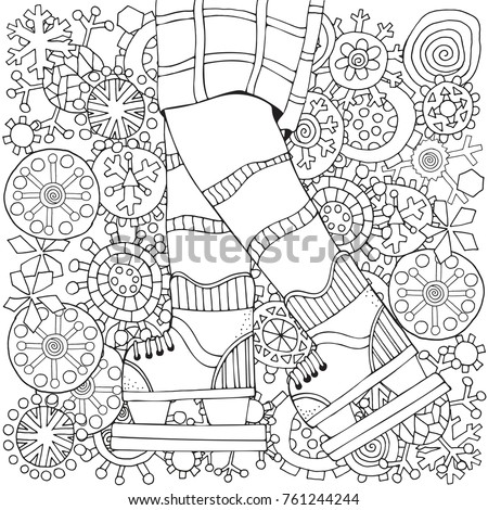 Winter Boy On Skates Snowflakes Adult Coloring Book Page Hand Drawn