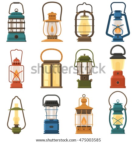 Vintage camping lantern set isolated on white background. Different oil lamp collection. Modern and retro lanterns vector illustration. Various handle gas lamps for tourist hiking.