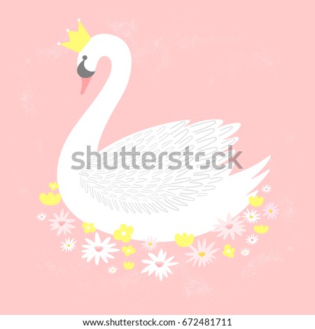 stock vector vector white princess swan with crown and flower illustration 672481711