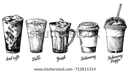 Vector Vintage Hand Drawn Illustration Of Different Types Coffee Drinks Iced Latte Vector Vintage Hand Drawn Illustration Of Different Types Coffee Drinks Iced Latte