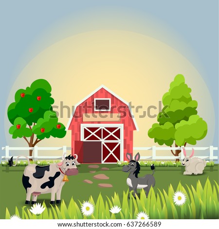 Very high quality original trendy vector illustration of happy and cheerful donkey, cow and rabbit on farm with fruit trees and chamomiles, farm animal