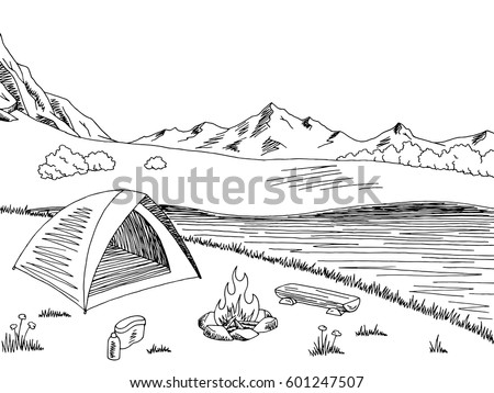 Camping Graphic Black White Mountain Landscape Stock Vector 601247507 - Shutterstock