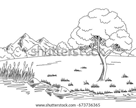 Mountain Lake Graphic Art Black White Stock Vector 442858699 - Shutterstock