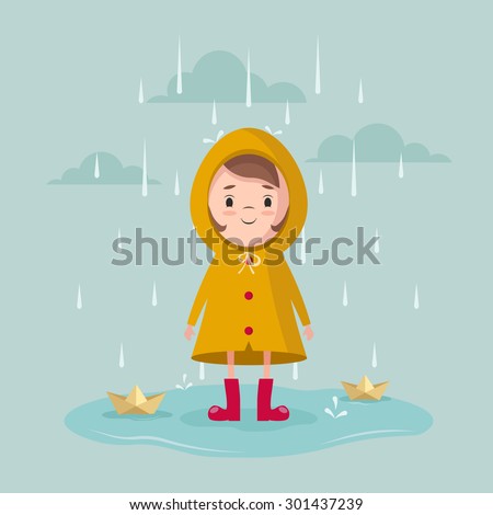 Vector Cartoon Girl with Paper Ships Under the Rain
